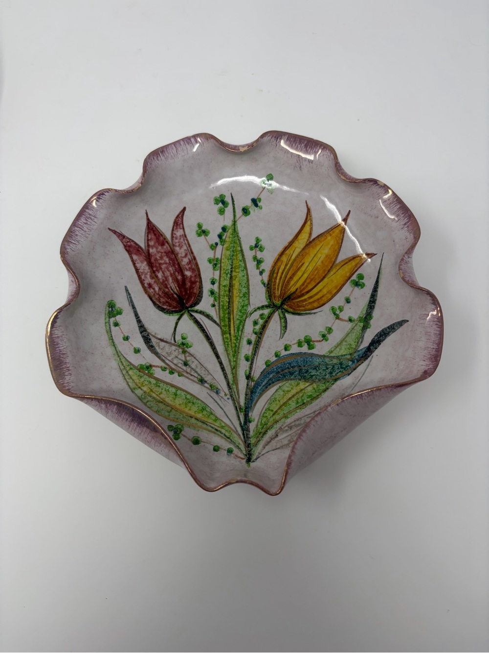 6" Vintage floral Candy Dish Hand Painted Italy Pottery Purple Gold Tulips